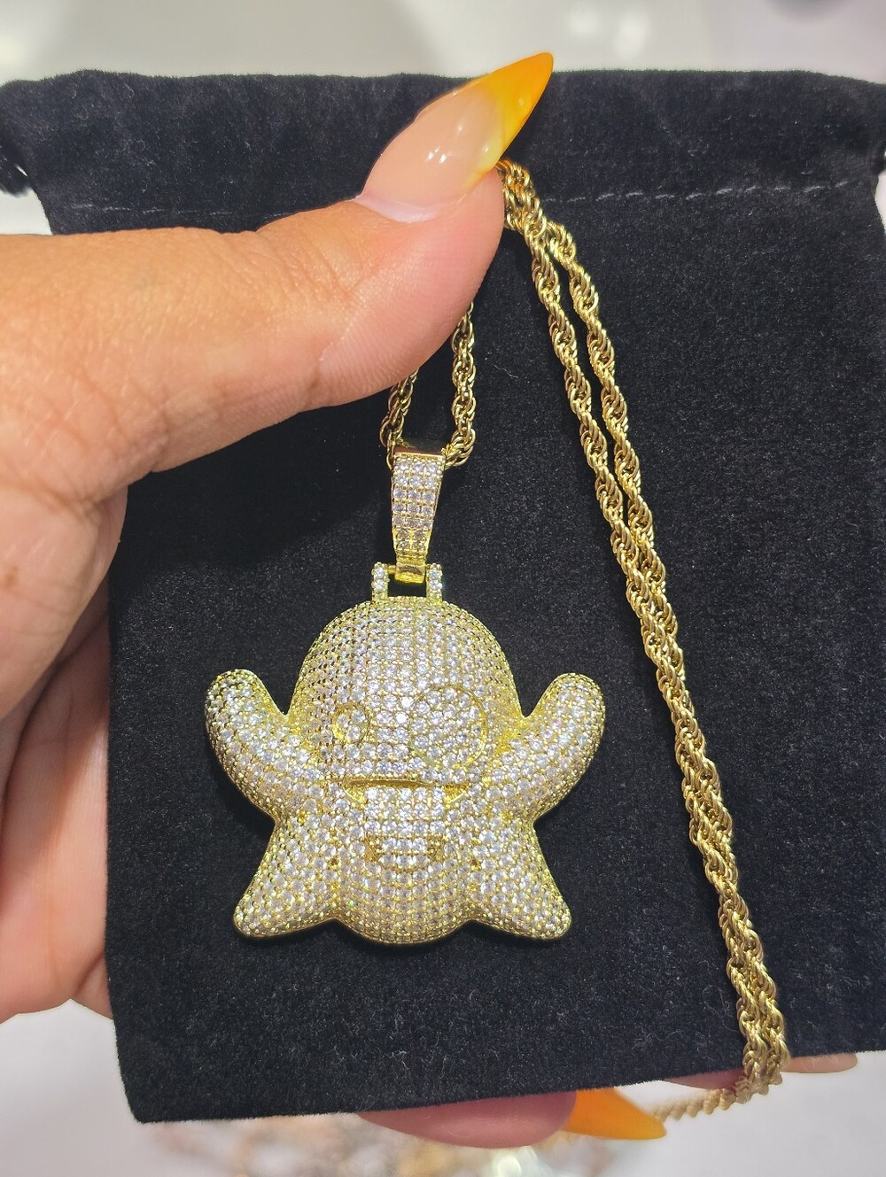 Gold Tone Pave Ghost Pendant Necklace - Unbranded